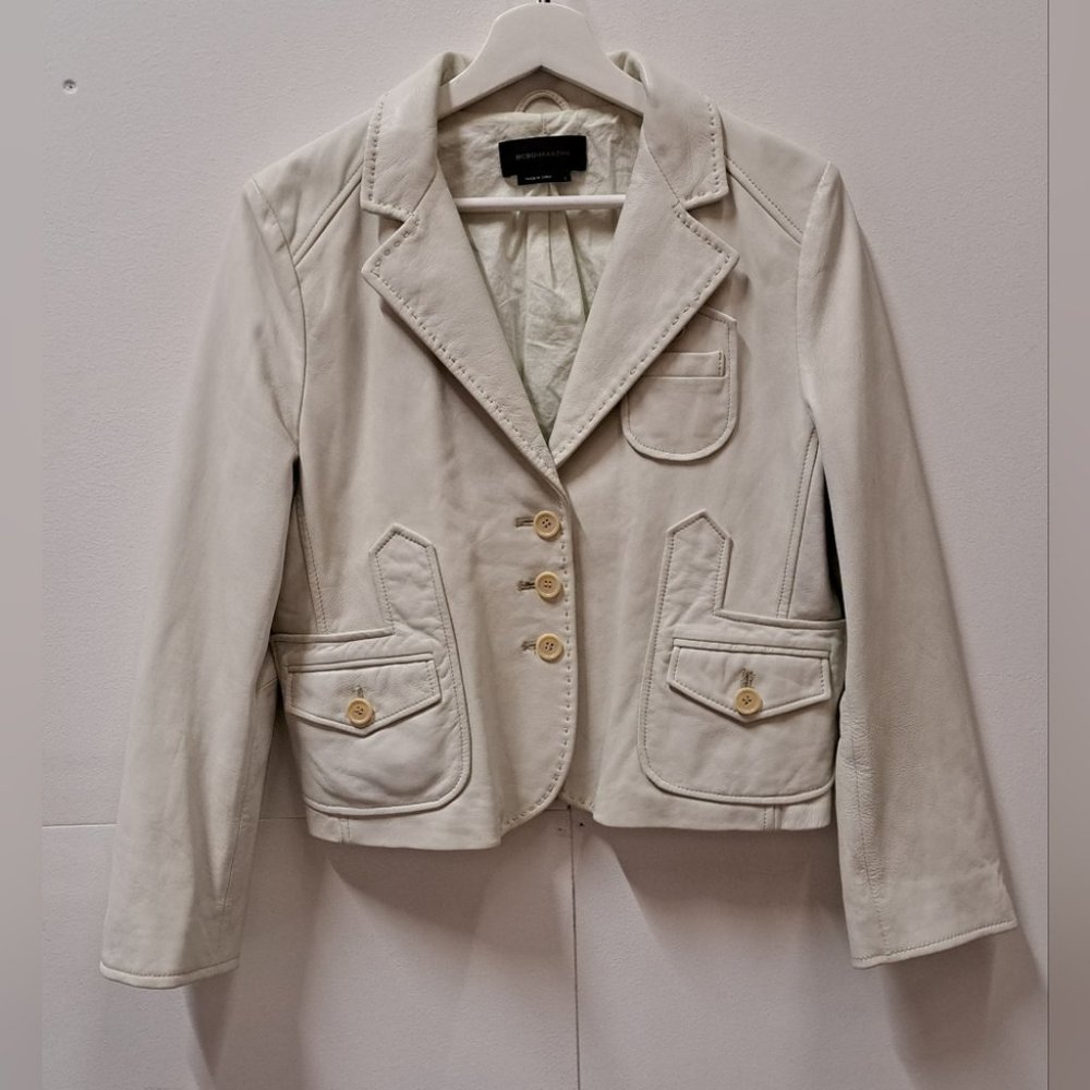 BCBG MAX AZRIA Women's Leather Jacket Cropped Blazer Motorcycle Cream Size Large